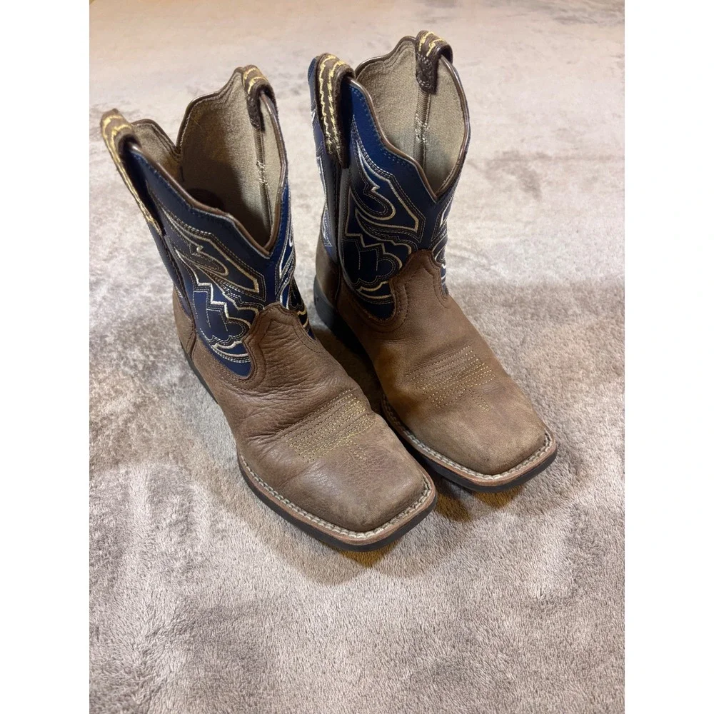 Ariat Sorting Pen Kids Brown Blue Leather Square Toe Western Cowboy Boots Size 1